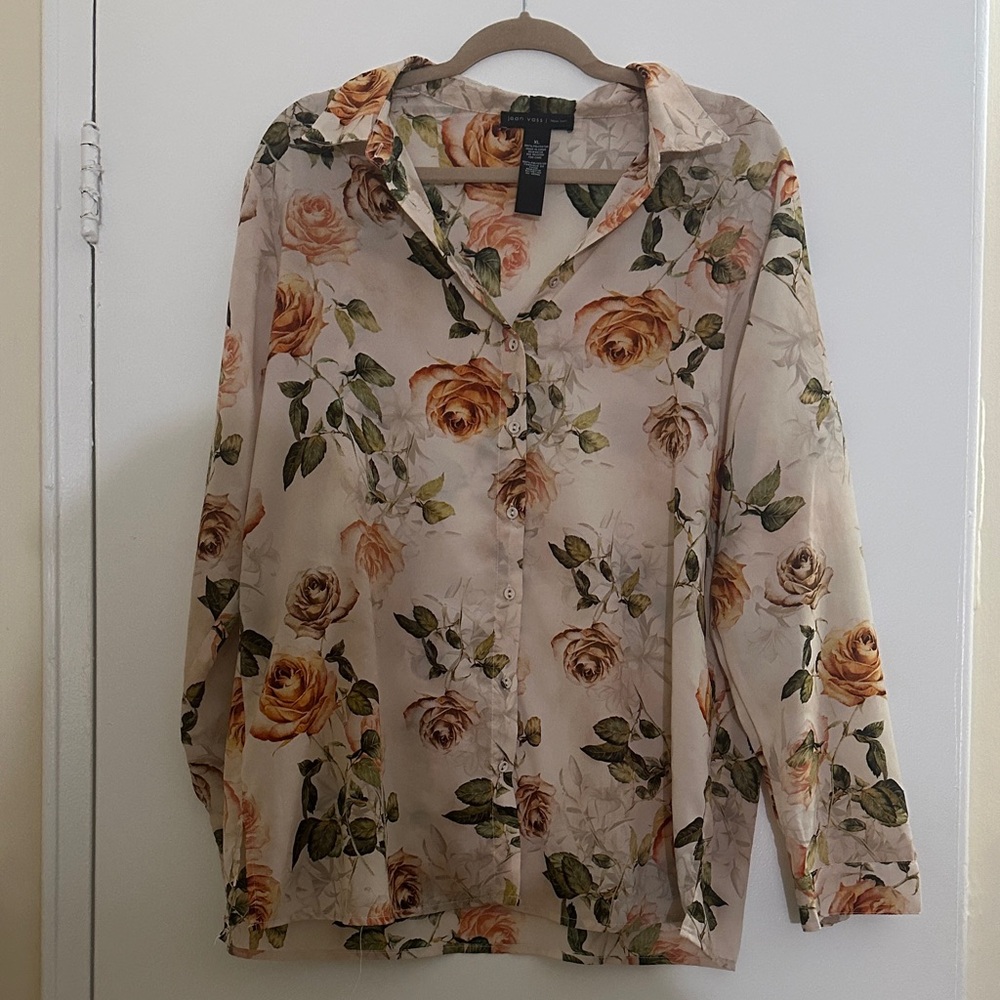 Joan Vass Beige Floral Button Down Shirt